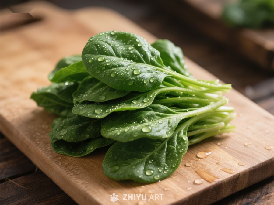 新鲜菠菜置于木质砧板上 183