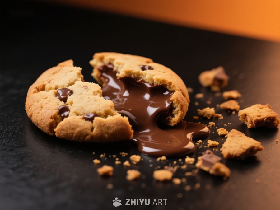 巧克力夹心饼干破裂，融化巧克力流出