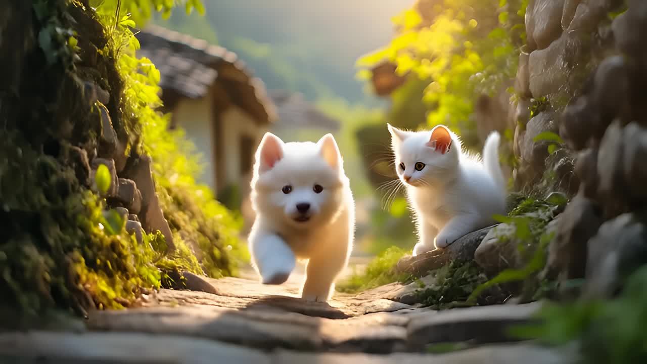在绿树环绕的小山村里，一只白色小狗在狭窄的村路上嬉