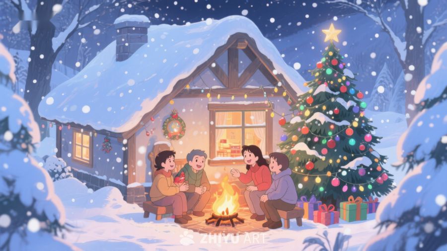 冬夜雪景中家庭围炉欢聚 134