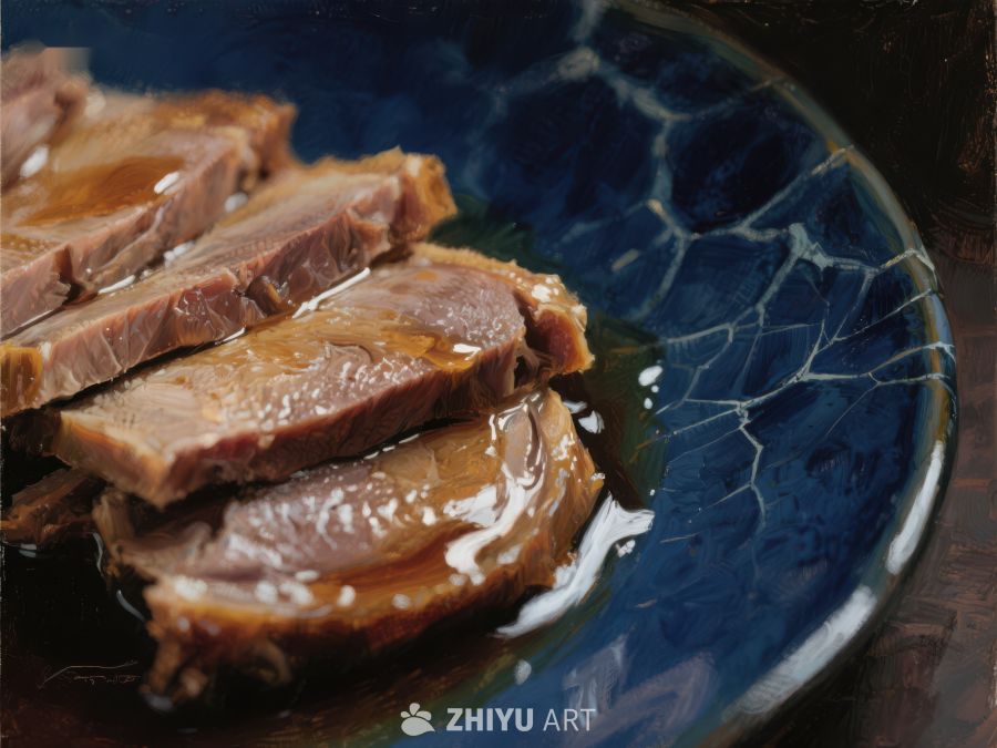 蓝盘上的酱肉切片 771