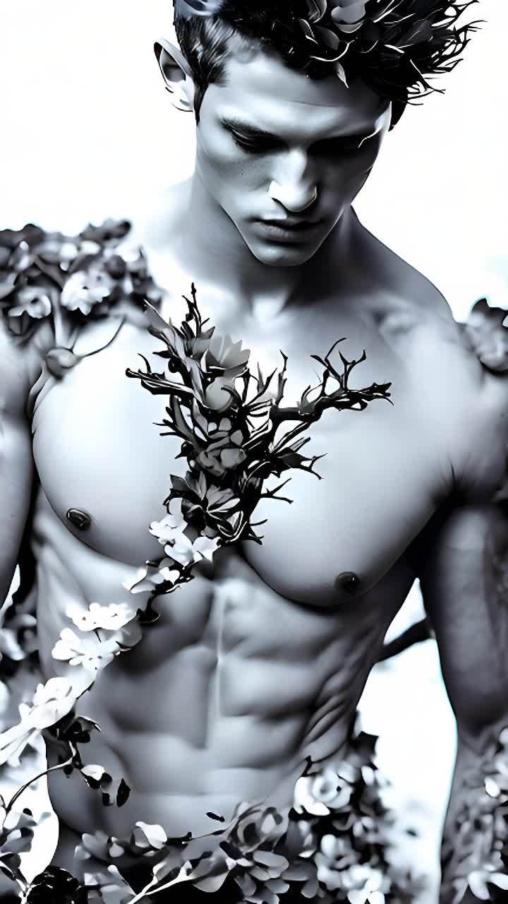 一个赤膊的男子头上戴着花冠，脖子上戴着一圈白色花朵