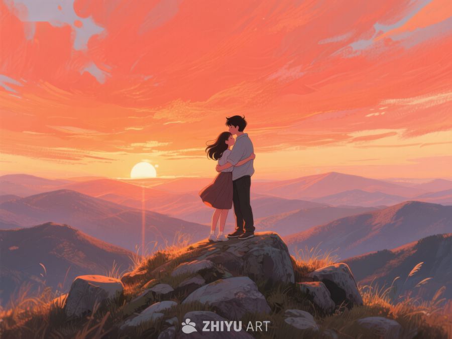 山顶情侣拥抱，夕阳映照山川 636