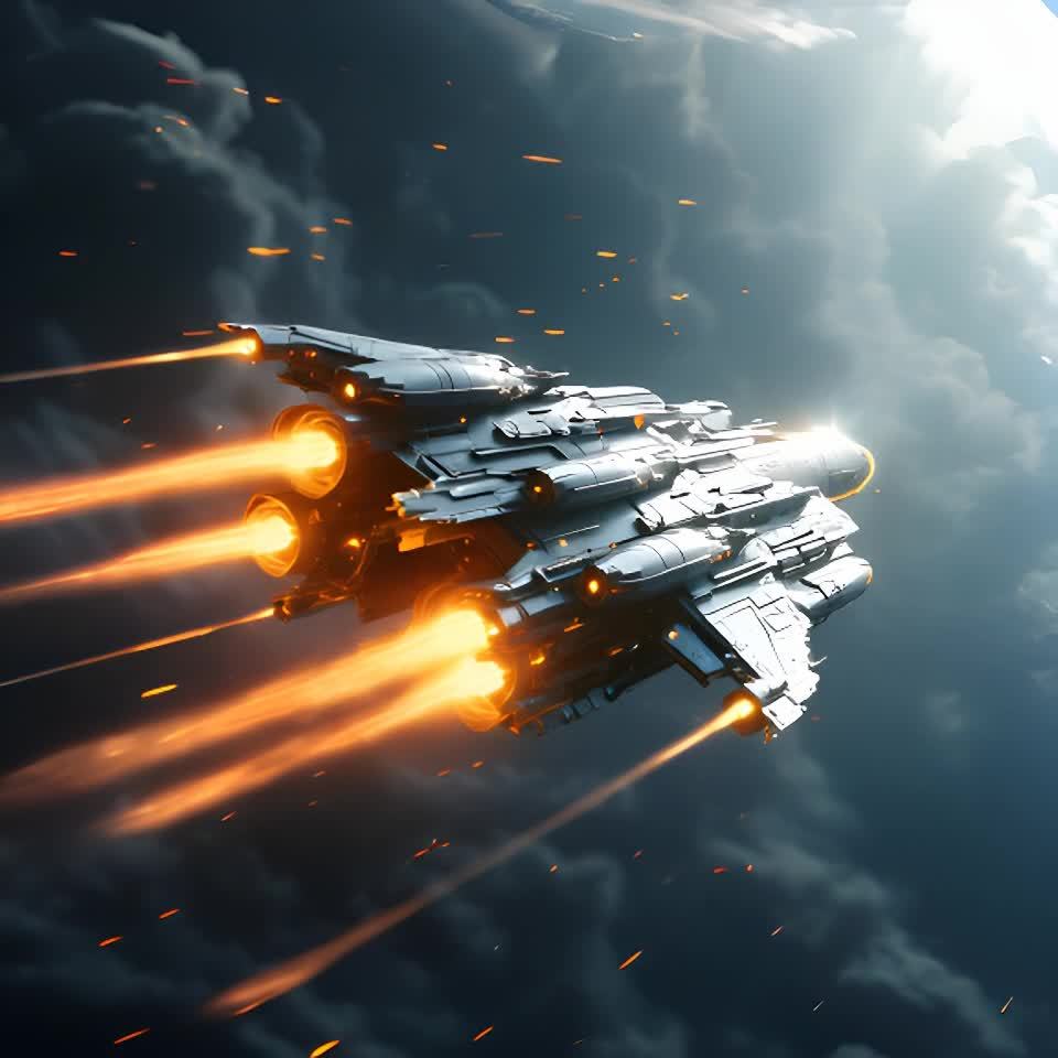 一艘未来派的宇宙飞船正在穿越太空，它正从观察者的视