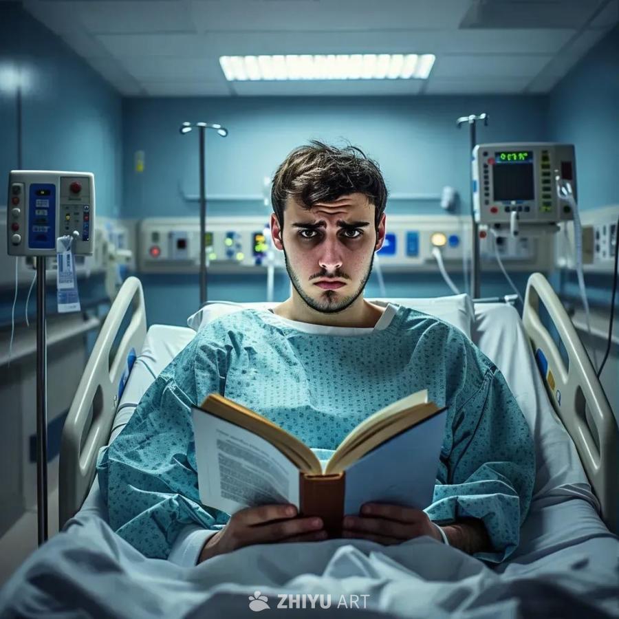 一名患者身穿病号服躺在医院的病床上，他手里拿着一本