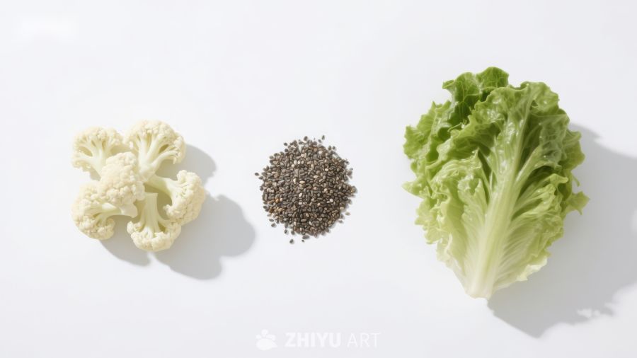 花椰菜、香料与生菜静物