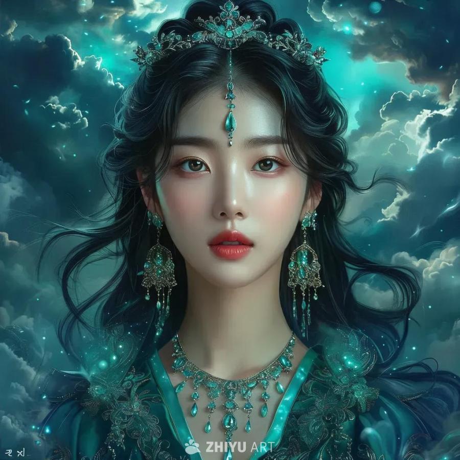 一位年轻的韩国美女，有着迷人的碧色眼睛和倾泻而下的