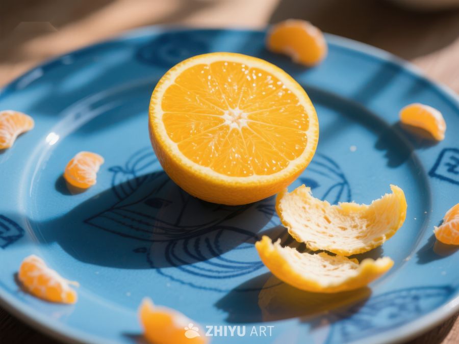 切开的橙子置于蓝色盘中 376