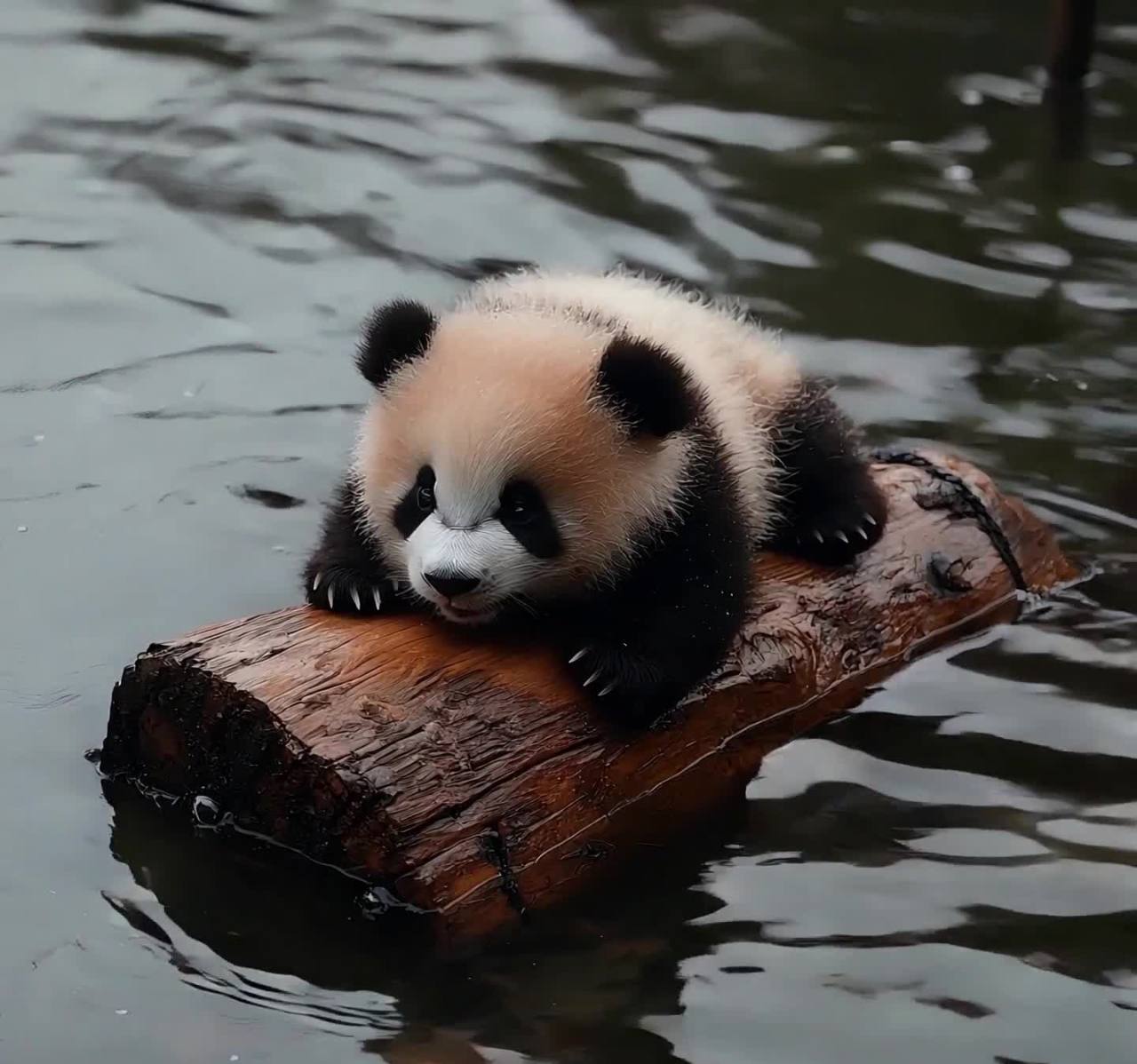 熊猫幼崽趴在水中漂浮的木头上