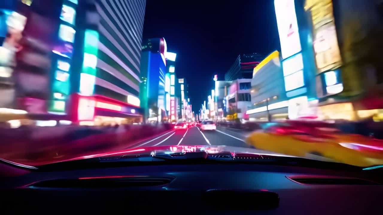 从行驶的汽车内部视角拍摄的东京动漫风格城市夜景，霓