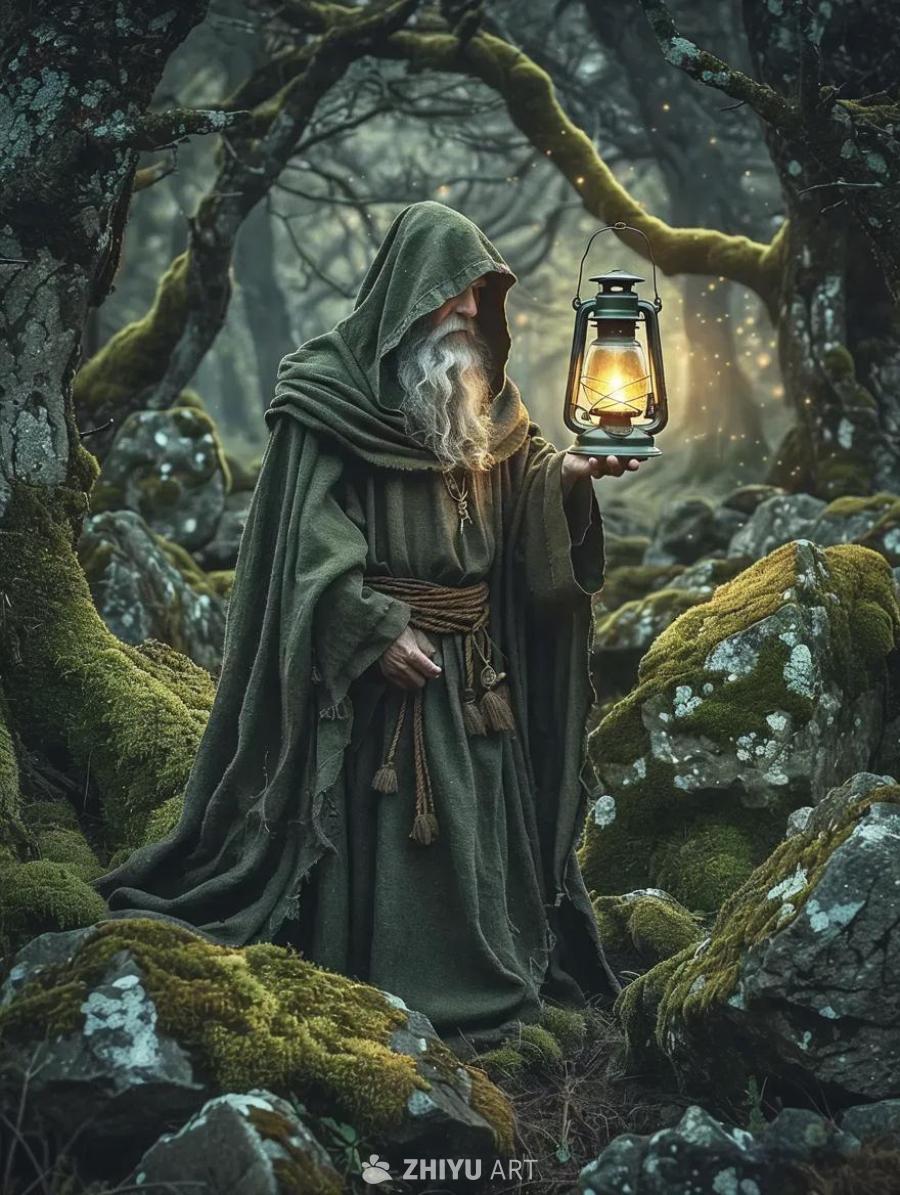 一位穿着神秘长袍的孤独人物，身处僻静森林中布满青苔