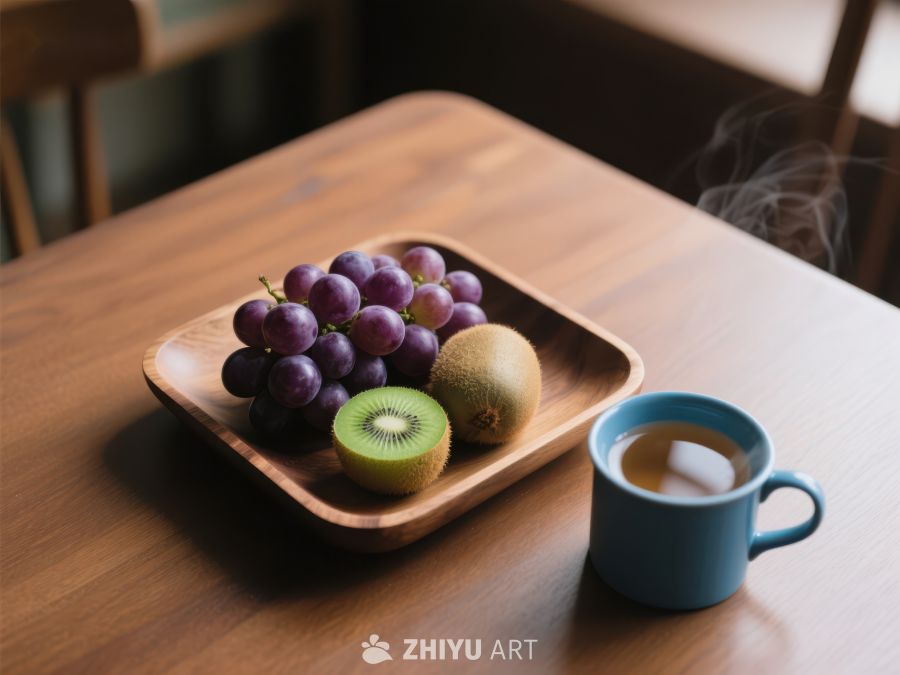 木盘水果与热饮的静谧早餐 397