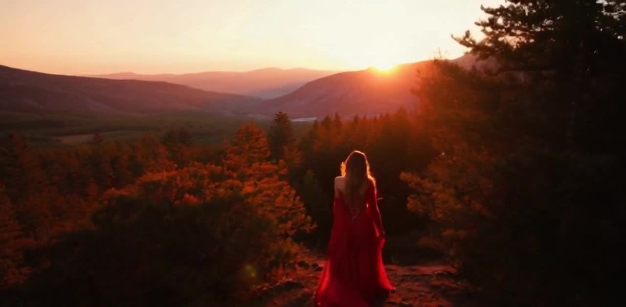 夕阳下红裙女子远眺山河，落日余晖洒满山间。