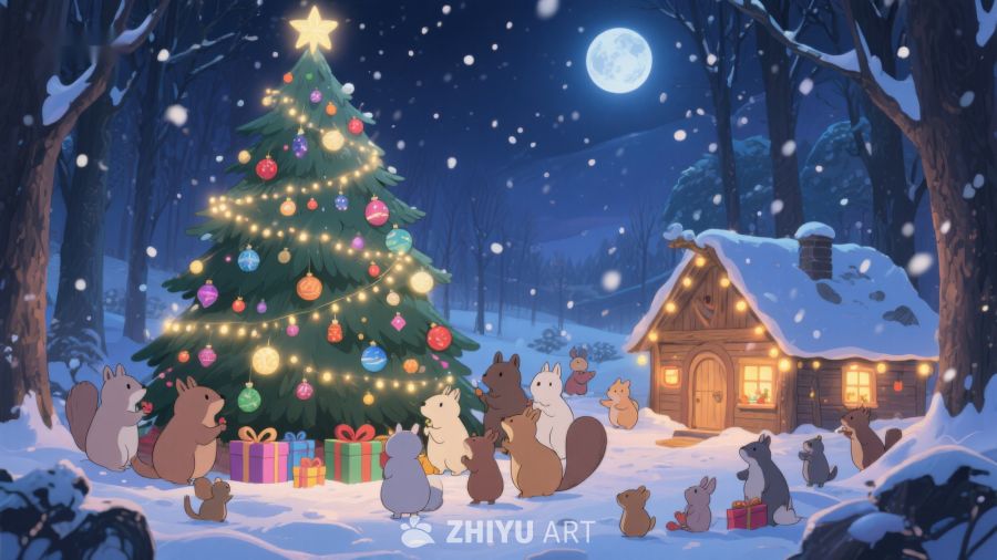 冬夜森林里的圣诞树与小屋 51
