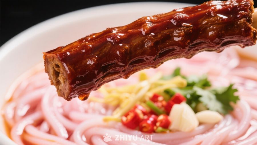 美味酱汁排骨搭配粉条的诱人美食
