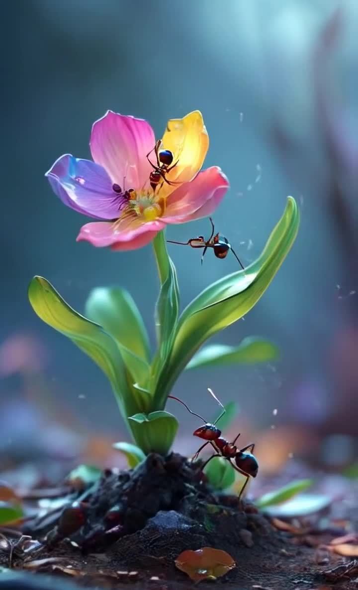 多彩花朵上的忙碌蚂蚁群落