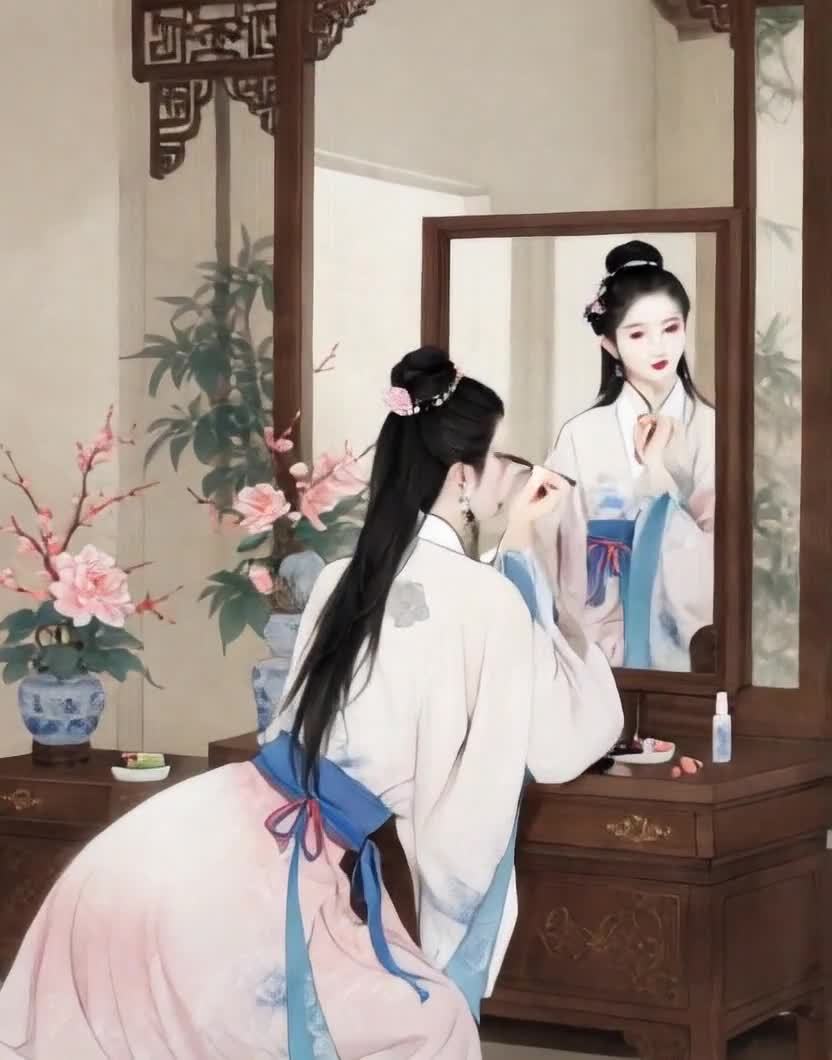 古装女子对镜梳妆，花朵点缀古典韵味