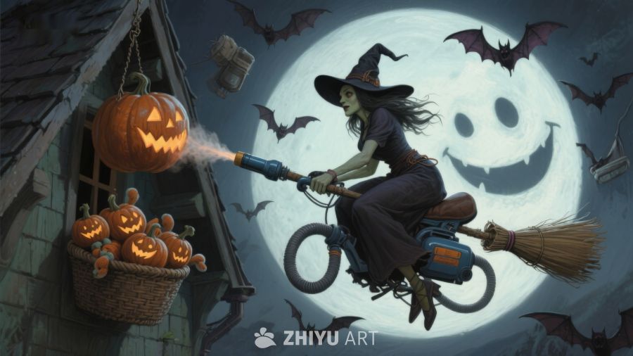 巫师骑扫帚喷南瓜灯，满月夜飞行