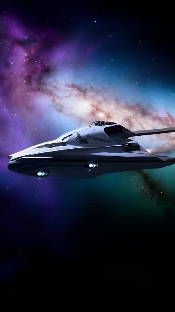 一艘未来派的宇宙飞船正在穿越浩瀚的太空。它设计简洁