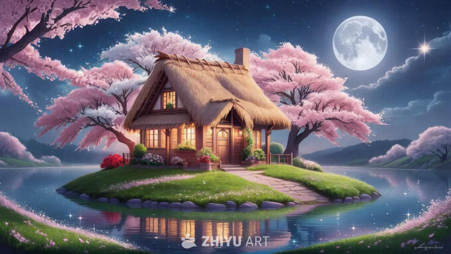 平静的夜景中，一个带茅草屋顶的古朴小屋坐落在一个绿