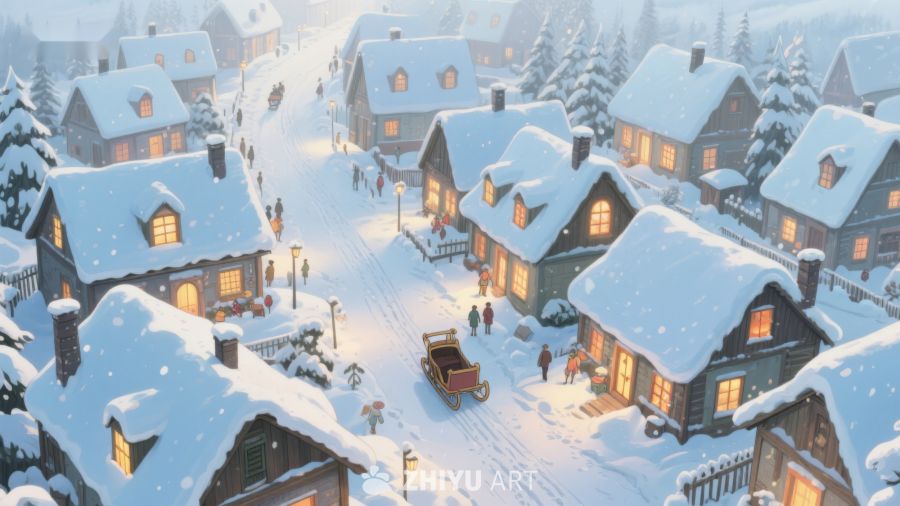 雪夜小镇的温馨街景 467