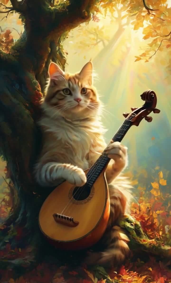 猫在秋日阳光下弹奏琵琶