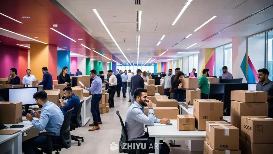 一个宽阔的CGS阿联酋办公室里，员工们正在打电话、