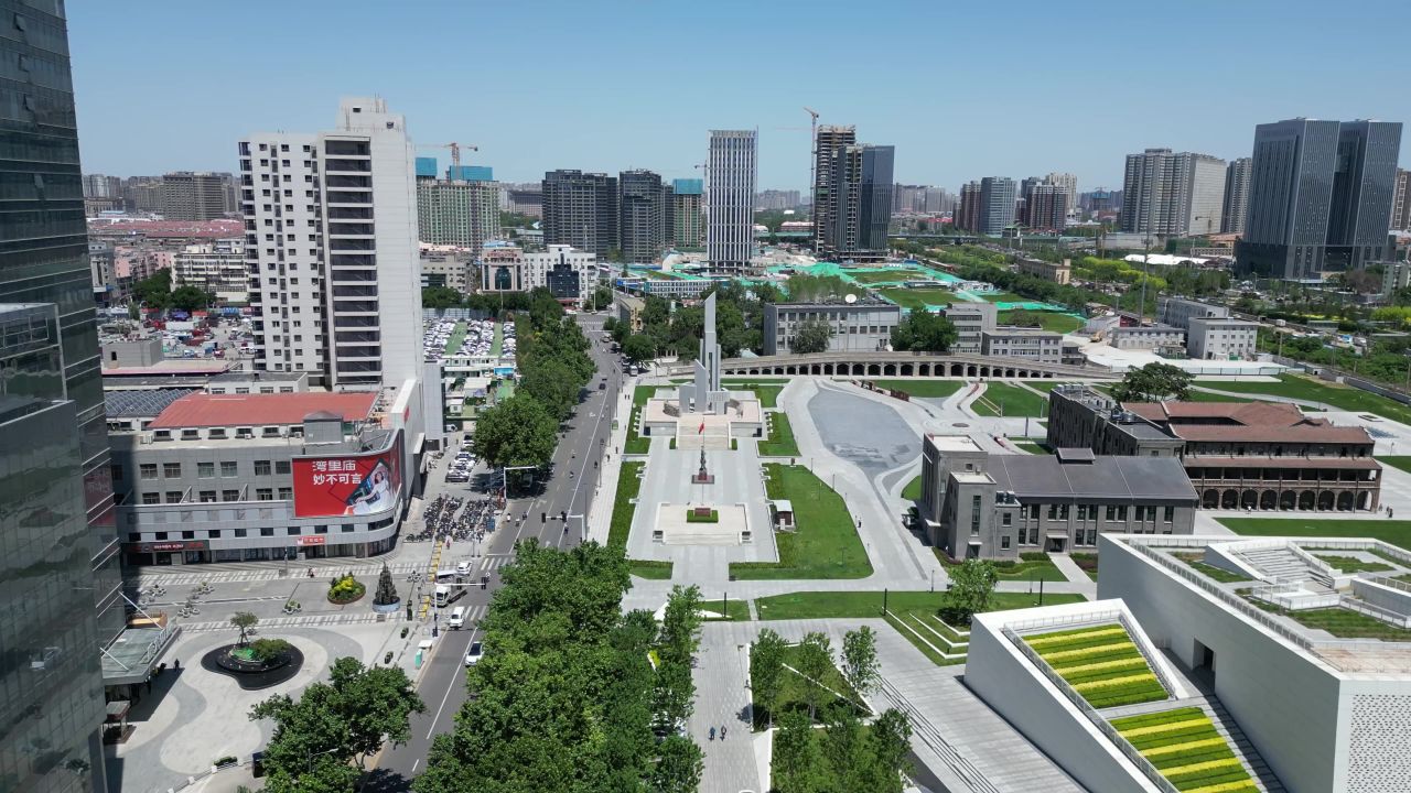  航拍河北石家庄解放纪念碑正太广场