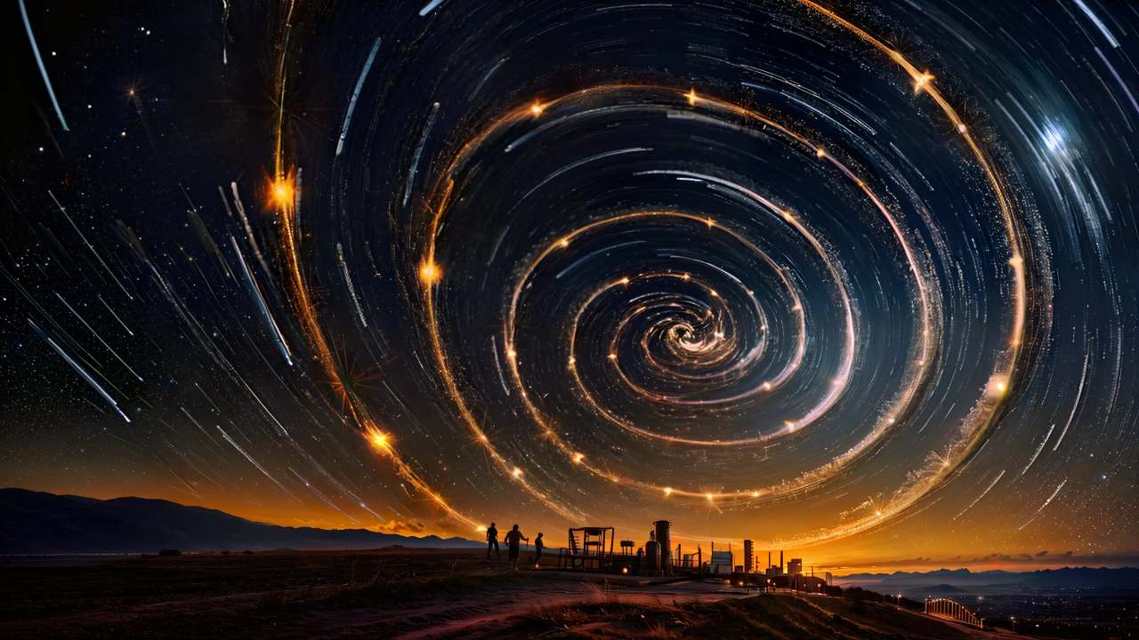 夜空中显现出螺旋状的星轨，其轨迹由无数光点连接而成