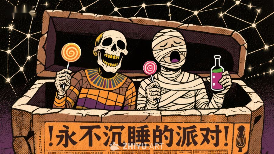 骷髅木乃伊共享糖果，永不沉睡派对