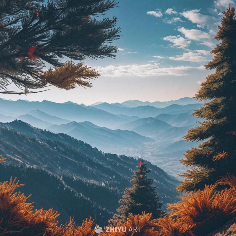 山谷背景是连绵的山脉，画面前景处有一棵圣诞树。山谷