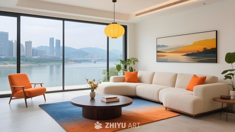 时尚现代风格江景客厅室内大落地窗引入江景与城市风光色彩明快