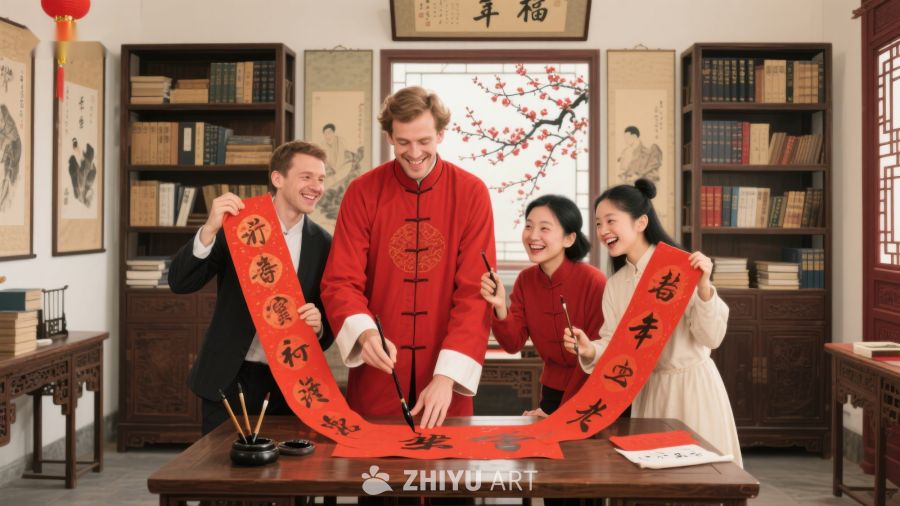 四人共写春联，欢庆传统节日 836