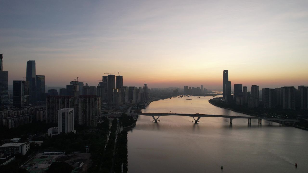 广州城市清晨日出航拍 