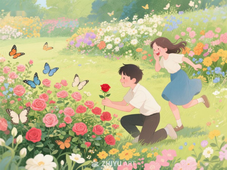花园中嬉戏的少年少女 355
