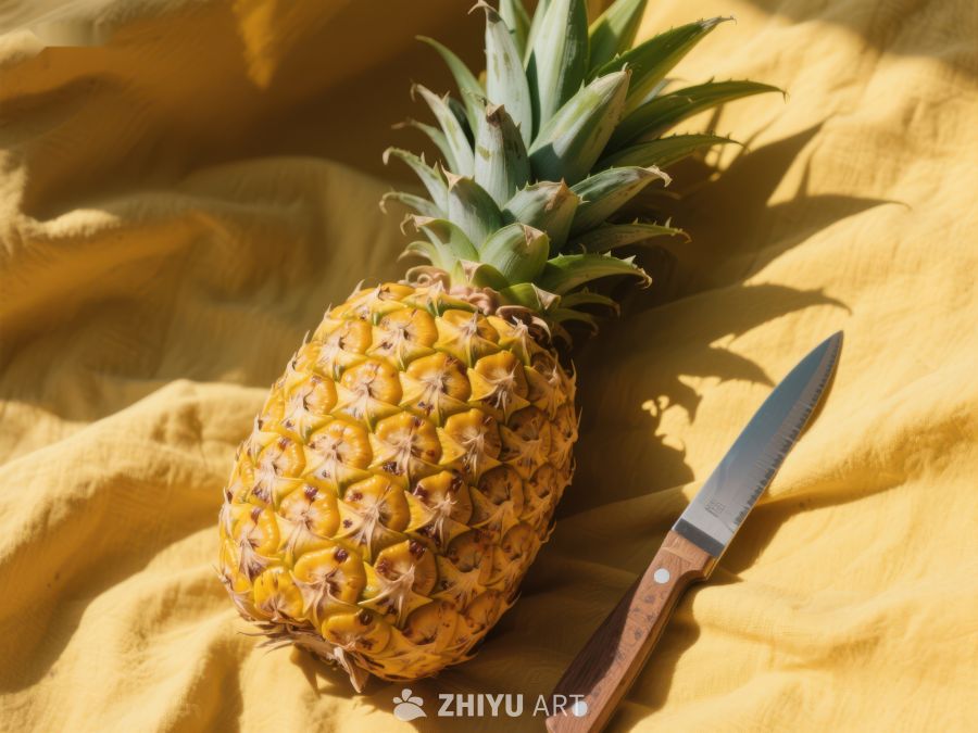 菠萝与刀具置于黄色布料上 27