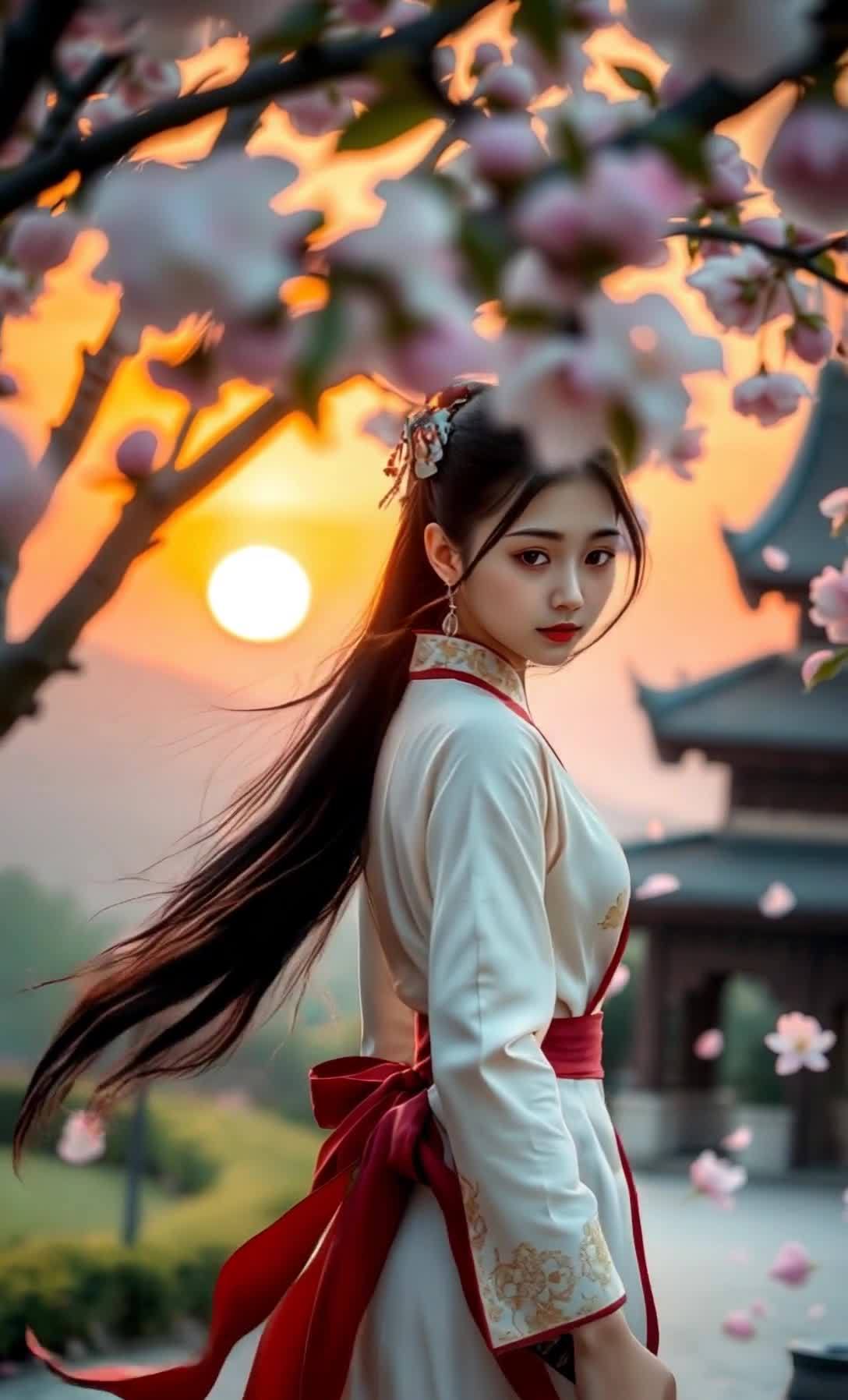 持剑古装女子，落日花海中目光锐利。