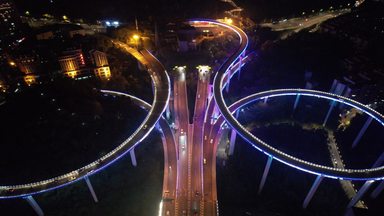 重庆铜元局高架立交桥夜景航拍