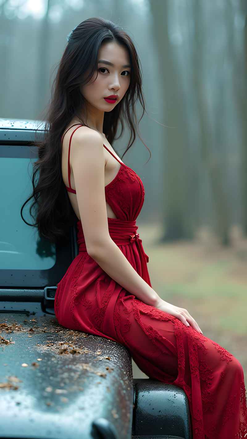 红色美女户外越野车拍照 17