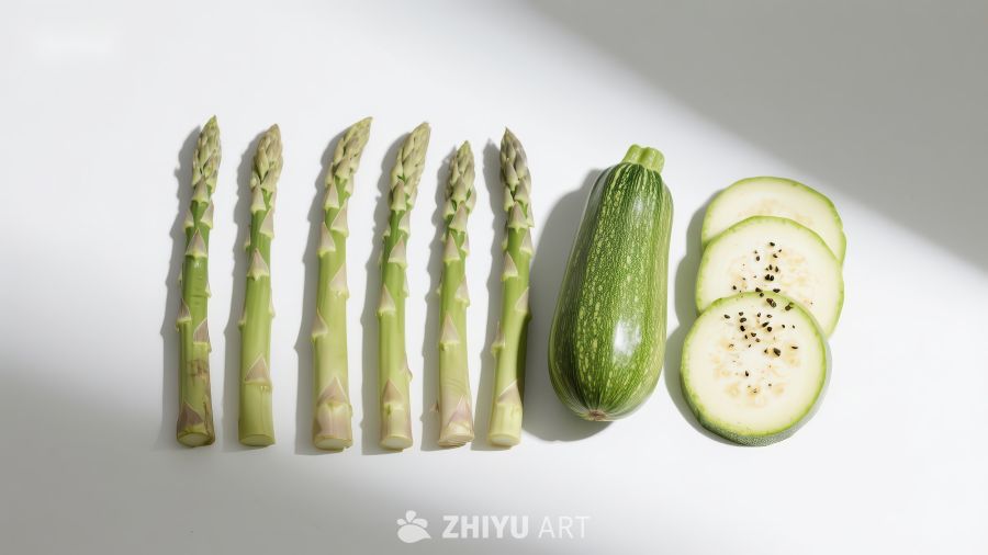 新鲜芦笋与切片西葫芦排列展示