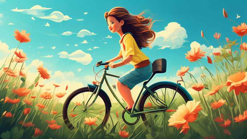  一个女孩在鲜花盛开的绿色田野里骑自行车 5