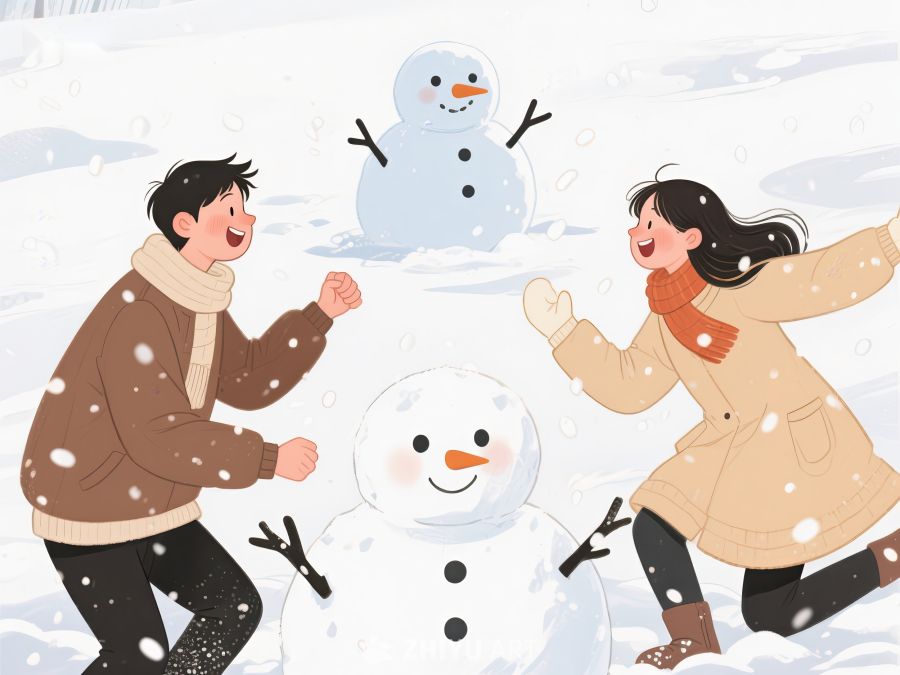 雪地里堆雪人的情侣 892