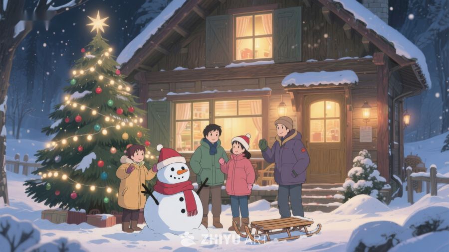 雪夜温馨家庭圣诞树前合影 416