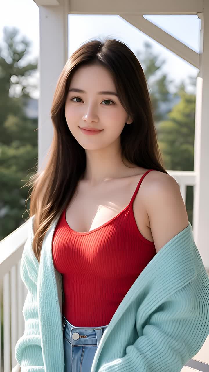 一个穿着红色吊带上衣和蓝色牛仔裤的女子，披着一件浅