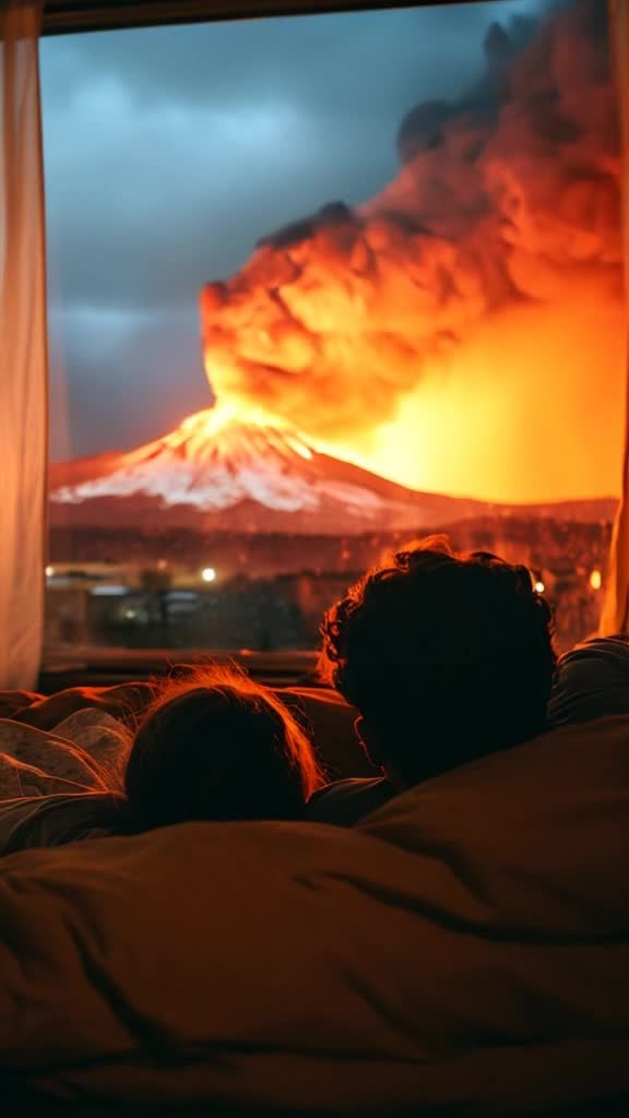 卧室内的两个人躺在床上看着窗外正在喷发的火山。