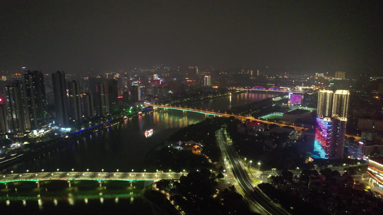 广西南宁邕江夜景灯光航拍 