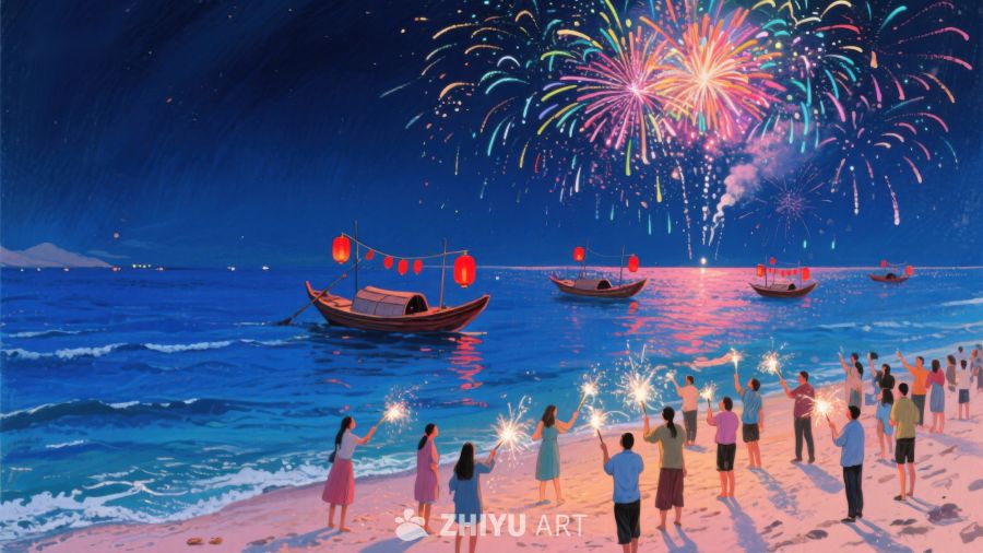 海滩烟花夜，众人共庆欢 330