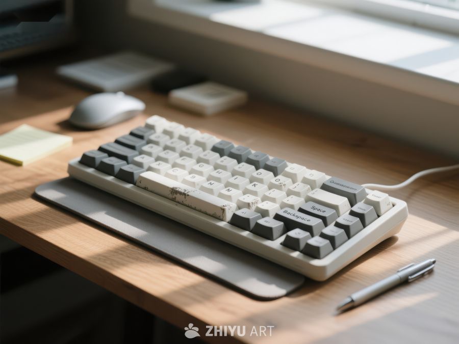 木质桌面上的机械键盘与办公用品 262