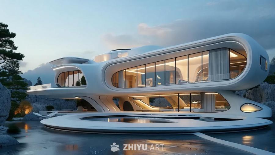 一个未来主义风格的白色建筑，建筑外观呈流线型，拥有