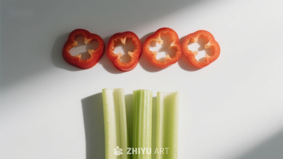 红椒与芹菜的静物排列